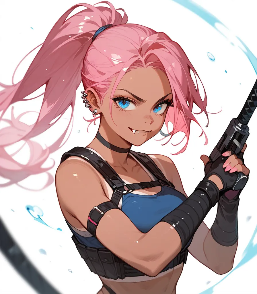 girl,Tanned, small fangs , in blue eyes, Pink Hair, ponytail, assassin,medium chest,Ear Piercing,