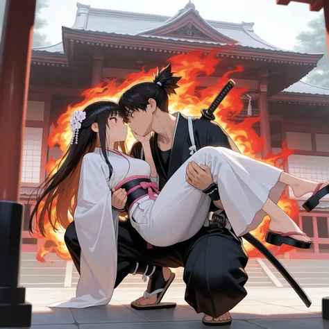 masterpiece, best quality, amazing quality,
1boy and 1girl, 1boy is japanese samurai, katana on hip, 1girl is japanese princess, face to face, Princess carry, japanese temple, japanese tower, big fire, (Landing:1.2), squatting

