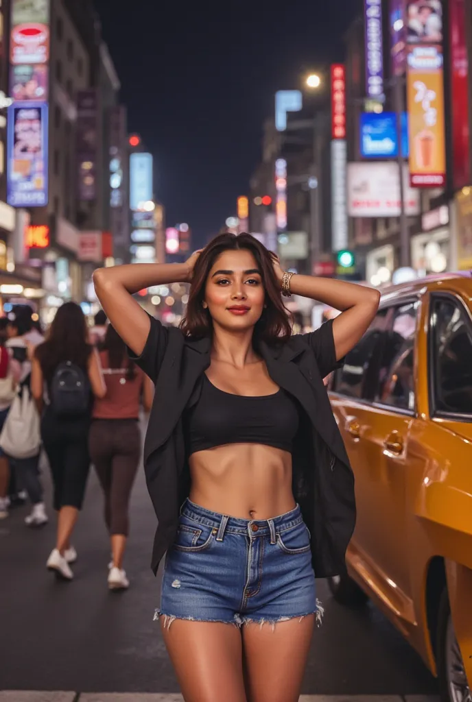 Poojahegde in cropped top and blue jeans short, walking on walkway, arms behind her head, in a busy street, at night