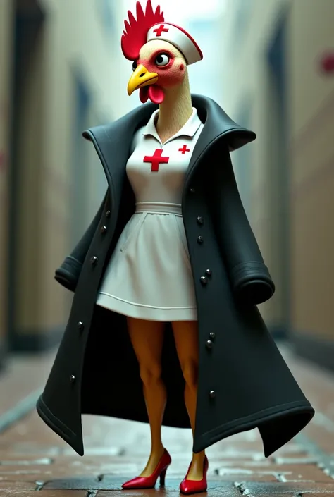 make a female chicken wearing a nurses uniform, heels and a big black coat