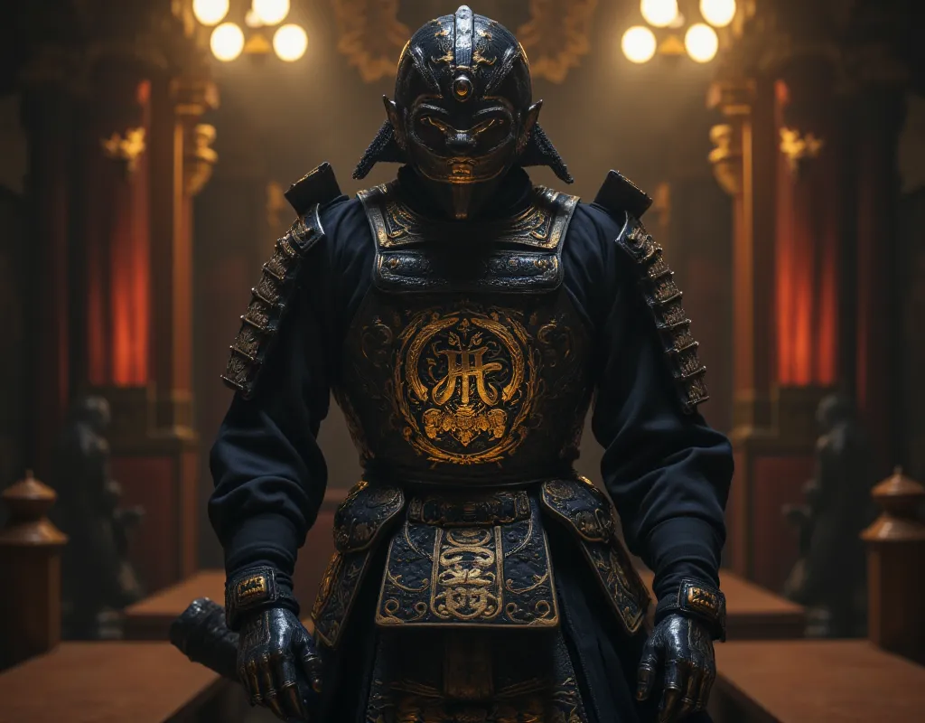 samurai in an epic scene, with shiny black armor, big nike written on the chest in gold with arabesques engraved on the metal, zombie samurai, scene with a horror atmosphere, he wears black metal Jorden sneakers with the nike logo in gold, 8k