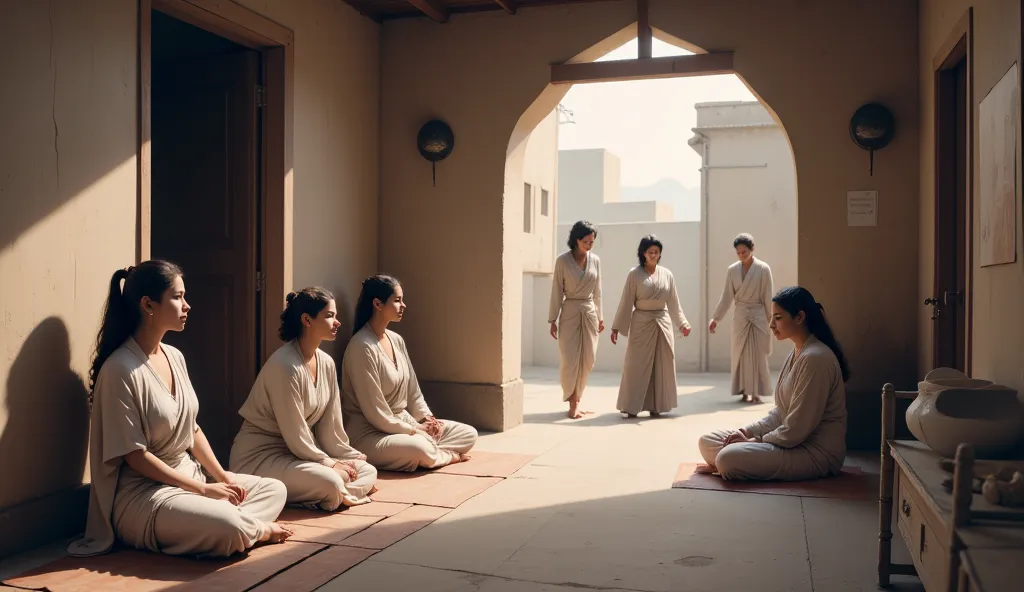 “A serene indoor scene with the sanyasis seated on a humble floor as the woman returns carrying water, the setting intimate and rustic.”