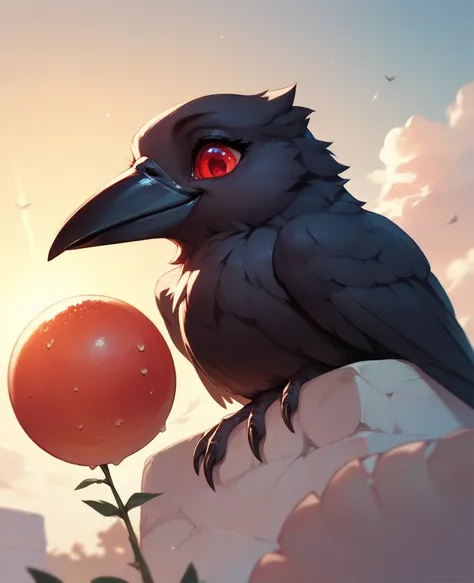 Giant crow, red eyes, eating the sun