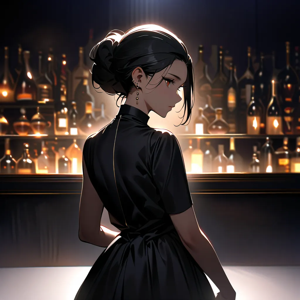  1 woman,, brown eyes,  black hair tied, breasts, series, brown eyes, Elegant bar background, Ripe in a bun . Uma expressão series, stoic.

White and black dress. elegant 