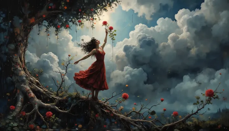 an oil painting of a mystical upside-down world where a  reaches for a single red rose on an inverted tree, its roots tangled in the clouds while its leaves brush the earth, inspired by Salvador Dalí, deep rich hues with surrealist tones, the girl's face c...