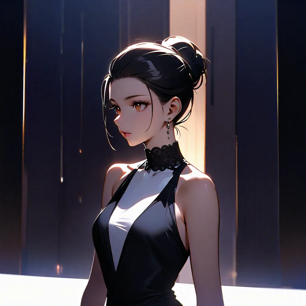  1 woman,, brown eyes,  black hair tied, breasts, series, brown eyes, Elegant bar background, Ripe in a bun . Uma expressão series, stoic.

White and black dress. elegant 