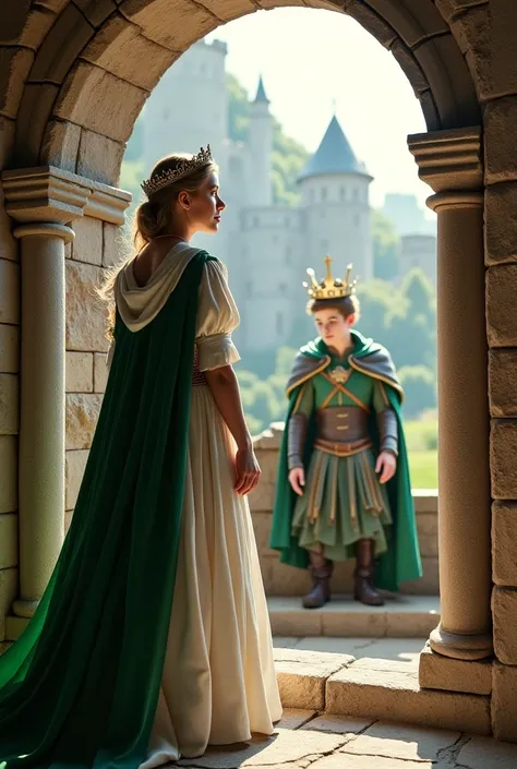 Princess dressed in white and green with hooded cape , a window of a medieval castle where you can see a royal throne on which stands a young warrior with a crown on his head dressed in green with a white cloak