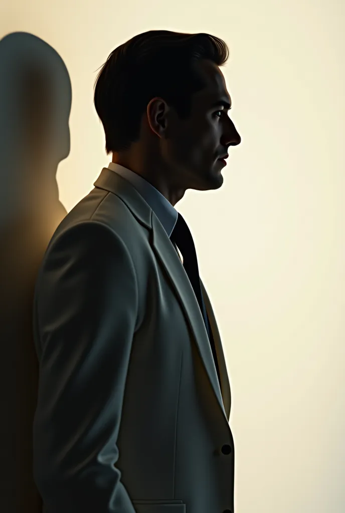 Shadow of a mafia man, only the silhouette with his hair combed back, wearing a white suit