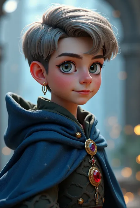 A young man with neat silver brown hair and a small side french braid, gray blue eyes, a small ruby earring wearing wizard clothing