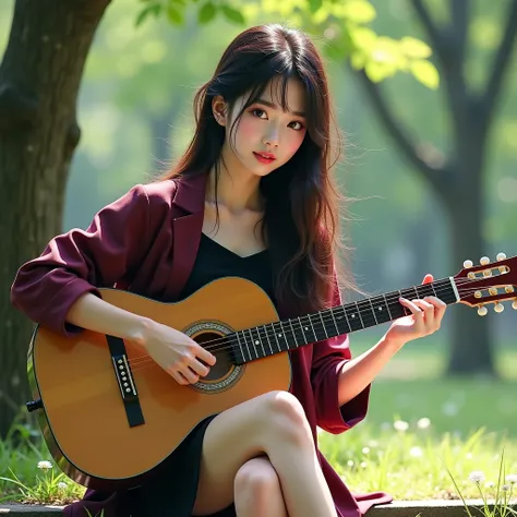 a full-body Asian pretty girl playing ghitar on park wearing a burgundy school uniform, bare beauty leg, White skin, Large boobs, long messy hair, Chinese young girl, 