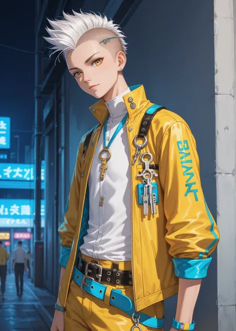 Make a yong and short boy,  old appearance, with a mohawk hair, with white hair, with white and blue and yellow clothes, and keys in waist belt anime style 