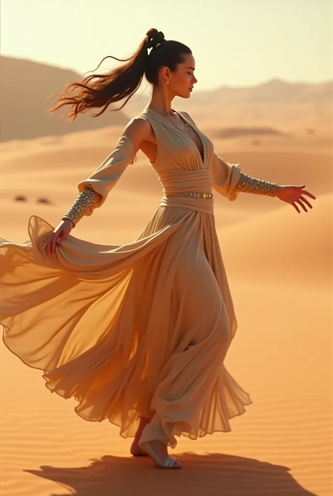 full body. Daisy Ridley as King Skywalker, Dressed as a sexy Arab ballerina, dancing in the Tatoine desert, Wide angle,  rendered in octane ,  volumetric lighting , Golden ratio,  intricate details, flap of hair, 3D image, resolution 64K.  photographic sty...