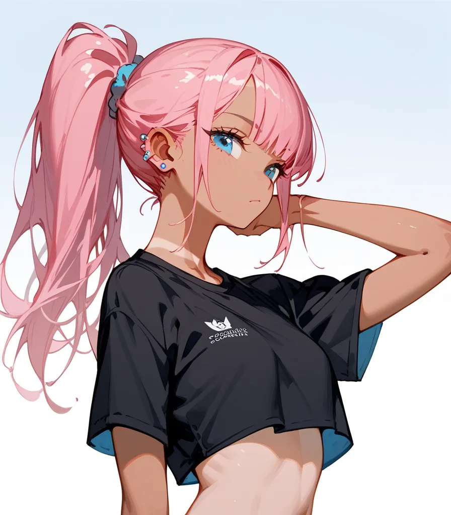 girl,Tanned, in blue eyes, Pink Hair, ponytail, medium chest,Ear Piercing, Slim ,Flat stomach,girlเกล, Black student shirt ,