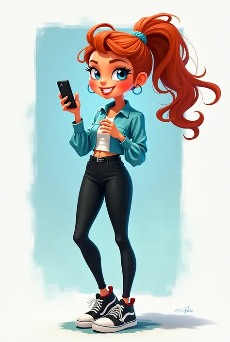 Make me a cartoon character wearing black pants and a cool blue blouse and playing on the cell phone, 