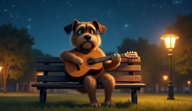 A realistic Sad Dog is sitting on a bench at night, under a starry sky, strumming a wooden acoustic guitar with his paw, his big eyes shining with excitement, surrounded by a bright park, and a hint of warm golden lighting casts a cozy glow over the entire...