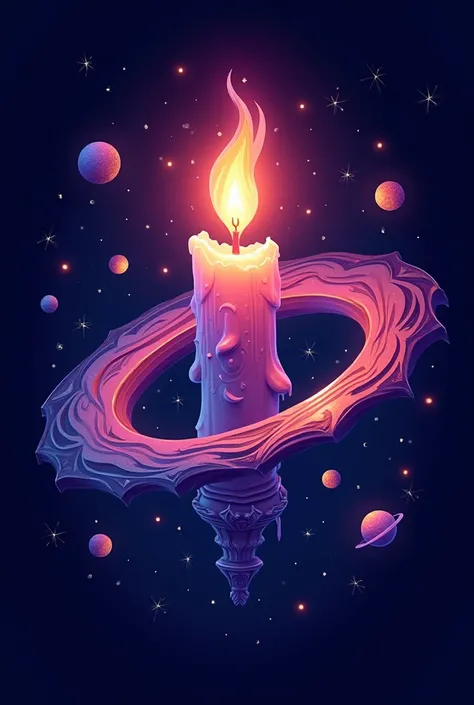 Aesthetic logo of a company named "candle" with it's name on it with a solar system but the sun is replaced by a candle with a magic wand purple pink and blue patern