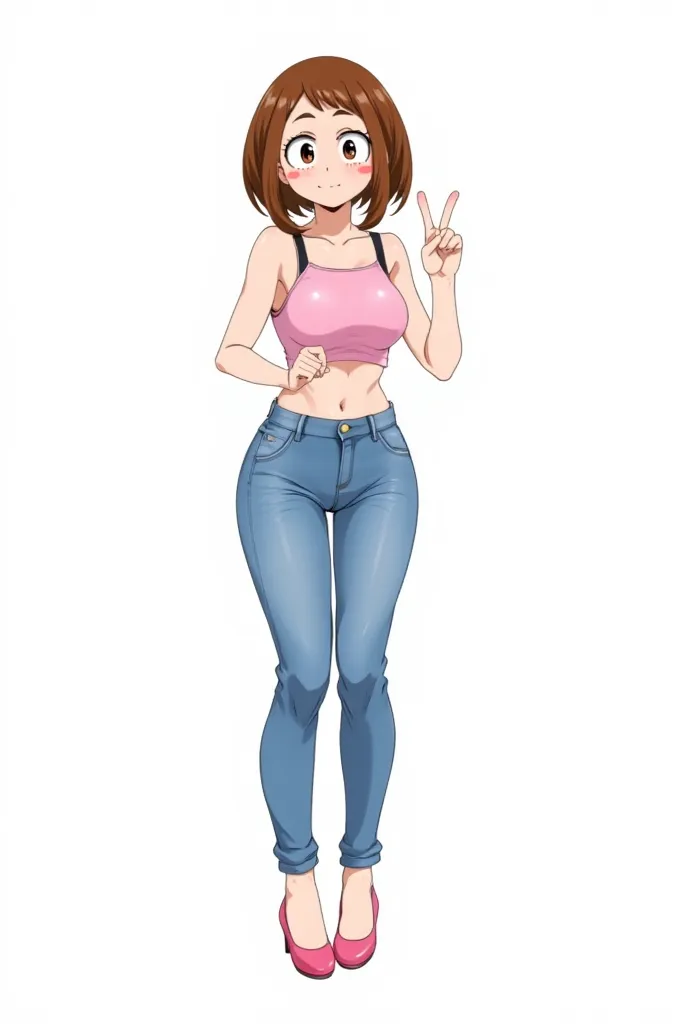 1 _Girl, Ochako_Uraraka, brown_hair, short_hair, permanent_blush_on_cheeks, blush_sticker_on_cheeks, pink_top_with_black_straps_on_shoulders, bare_shoulders, denim_pants, pink_high_heels, full_body_facing_the_viewer, peace_symbol_with_both_hands.   