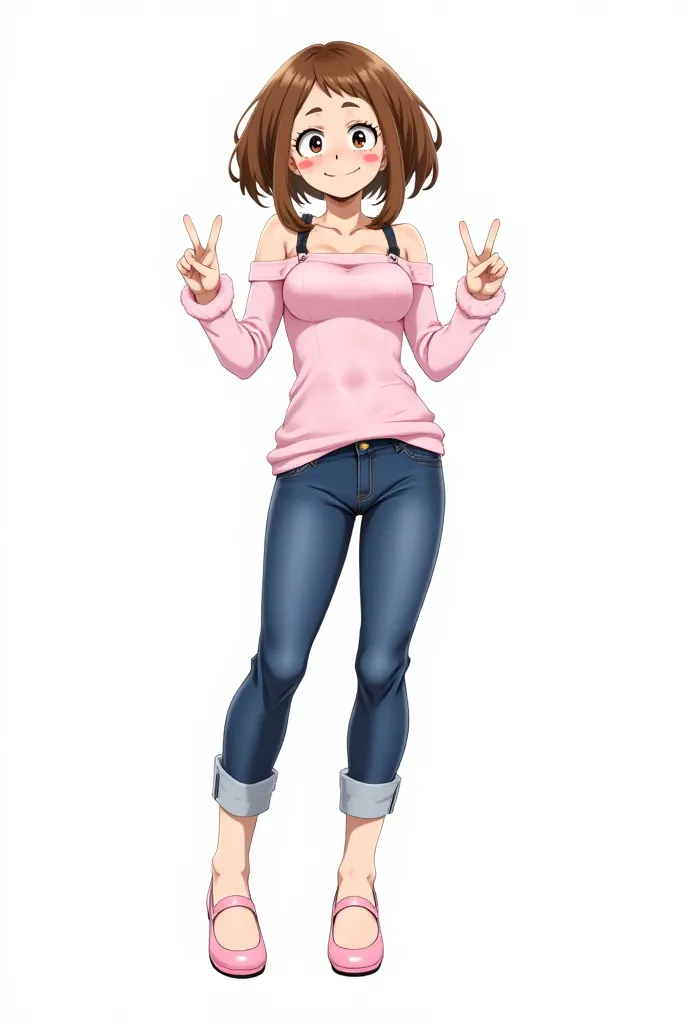 1 _Girl, Ochako_Uraraka, brown_hair, short_hair, permanent_blush_on_cheeks, blush_sticker_on_cheeks, pink_top_with_black_straps_on_shoulders, bare_shoulders, denim_pants, pink_high_heels, full_body_facing_the_viewer, peace_symbol_with_both_hands.   