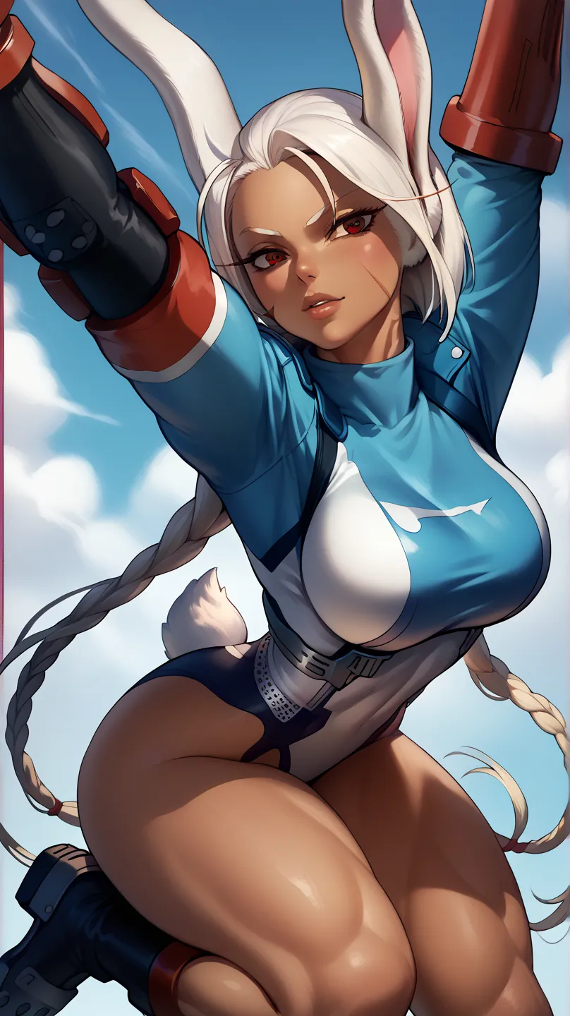 1girl, long white hair, large breasts, red eyes, rabbit ears, rabbit tail, dark skin, dark-skinned female, parted bangs, rabbit girl, long eyelashes
muscular female, thick thighs, rabbit ears, rabbit tail , longo legs, Full body view, ebiblie, battle ready...