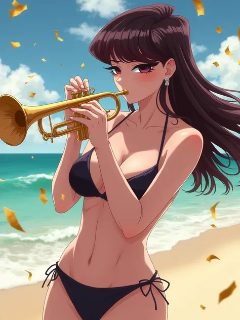 Create only realistic style girl  , ( playing the trumpet), (  dynamic posture  ), (} bikini black  ),   voluminous and curved body shapes  /( dark brown hair, Smooth and elegant hairstyle  /)  chelka ,   puffy cheeks ( slightly open eyes ), ( holding a tr...