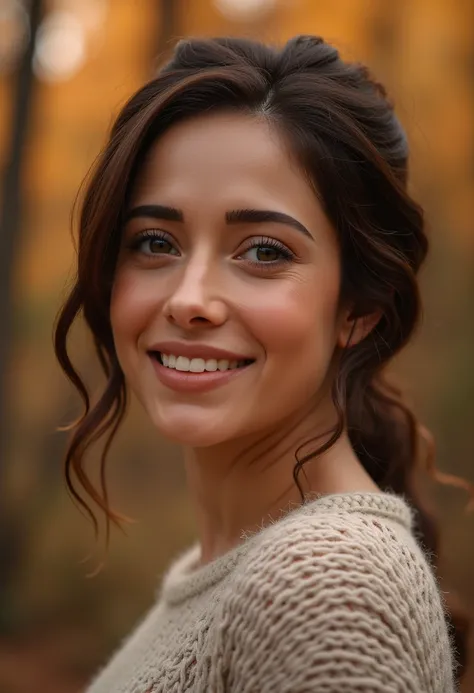 NushratBharuchaFlux, A photorealistic portrait of a young woman with freckles, soft natural lighting, and a warm smile, wearing a cozy knitted sweater, detailed skin texture, and a blurred autumn forest background.