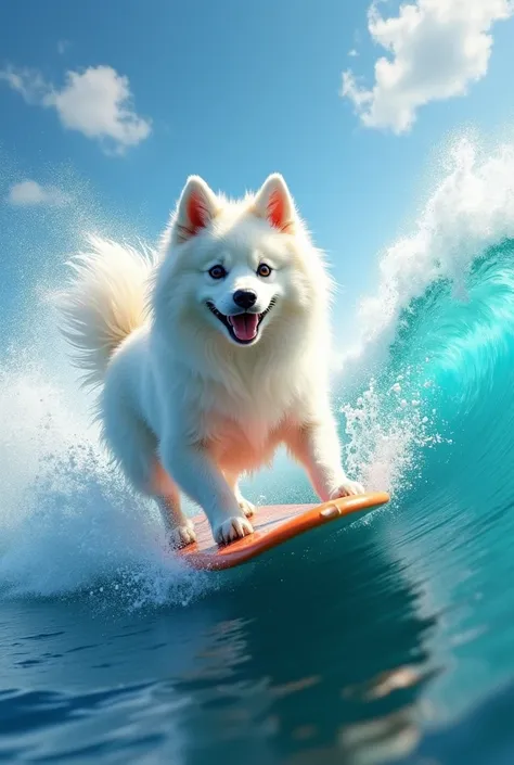 A white German Spitz surfing 