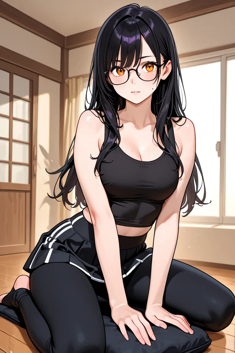 A girl that is 19 years old one of her eyes is demon orange eye the other is black the girl also has a black long hair and she is wearing black tank top and also you can see a black backround she is also wearing glasses and a skirt black one she also has f...