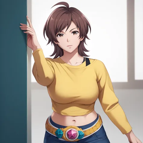 (best quality)), ((masterpiece)),amaha masane,  1girl , mature female, brown hair, short hair, ahoge, brown eyes, curvy,yellow shirt, long sleeves, black strap, navel, midriff, pants, jeans, denim,henshin pose,Rider Belt