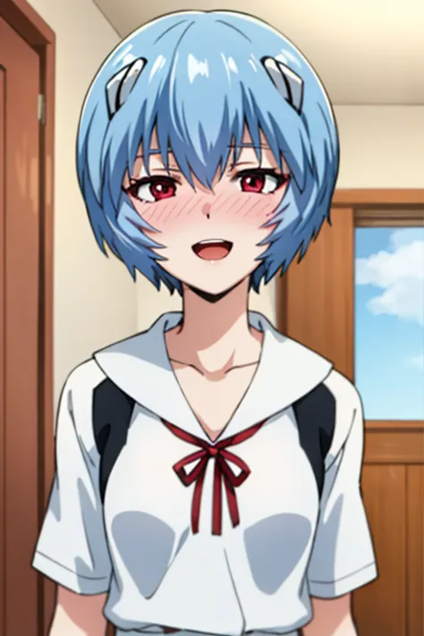 ((Highest quality)), ((masterpiece)), (be familiar with), perfect face, indoors, bedroom, watching viewers,
One woman, Rei Ayanami,
open mouth, facial cum, blush, smile,
 small tits, flat chest, Young girl,  lori,  ,  girl,
Short Hair, short hair,
 open,