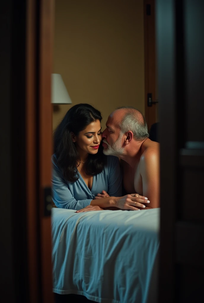 Photo of a Hot Young Indian Lady with dusky skin, Wearing a blue  , Lying on Bed and Kissing a Shirtless Fat Old Man on Lips, Their **** Sleeping in a Cradle beside the Bed, Camera Clicking Through the Bed room Door, Wide Shot, Dim Lamp light in the room.