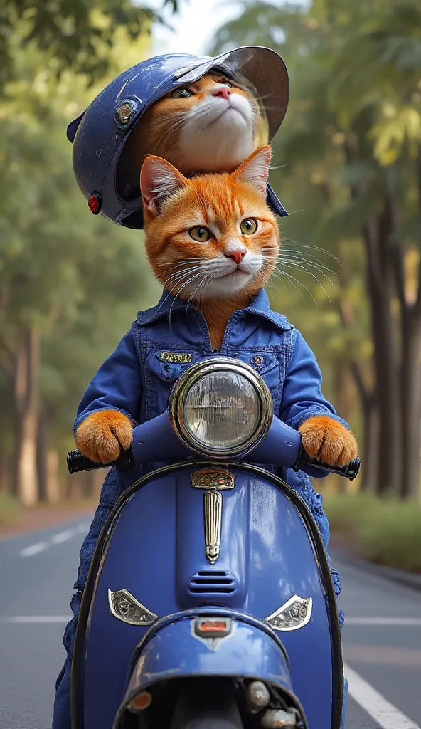 Realistic orange cat ,In blue jumpsuit, riding a motorcycle on a road with trees 