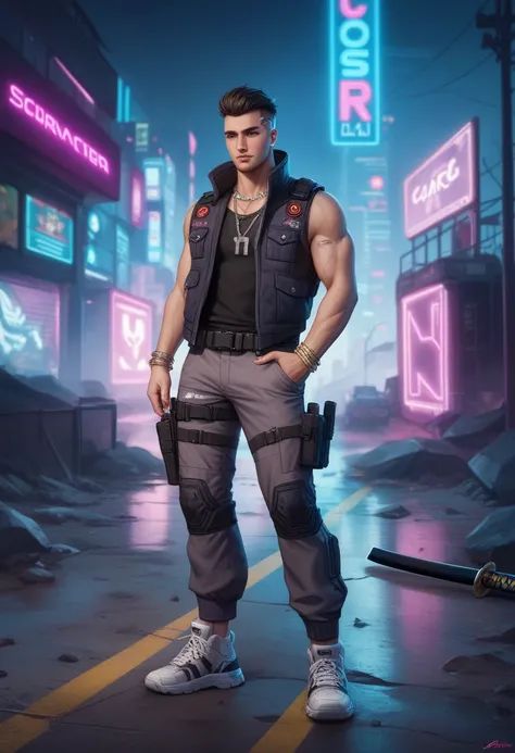 A cyberpunk Driver style nomad influenced by wrestling , standing in an dusty wasteland broken road . He wears a black sleeveless shirt with a digital " CPIA " logo . in a long tactical jacket in black and purple , with neon lights in pink , wide reinforce...