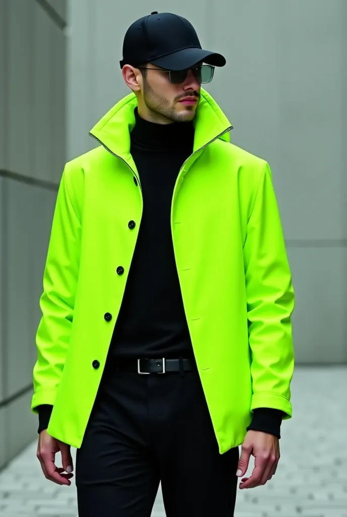 Gentleman wearing a closed fluorescent green jacket with a black cap and full body black pants