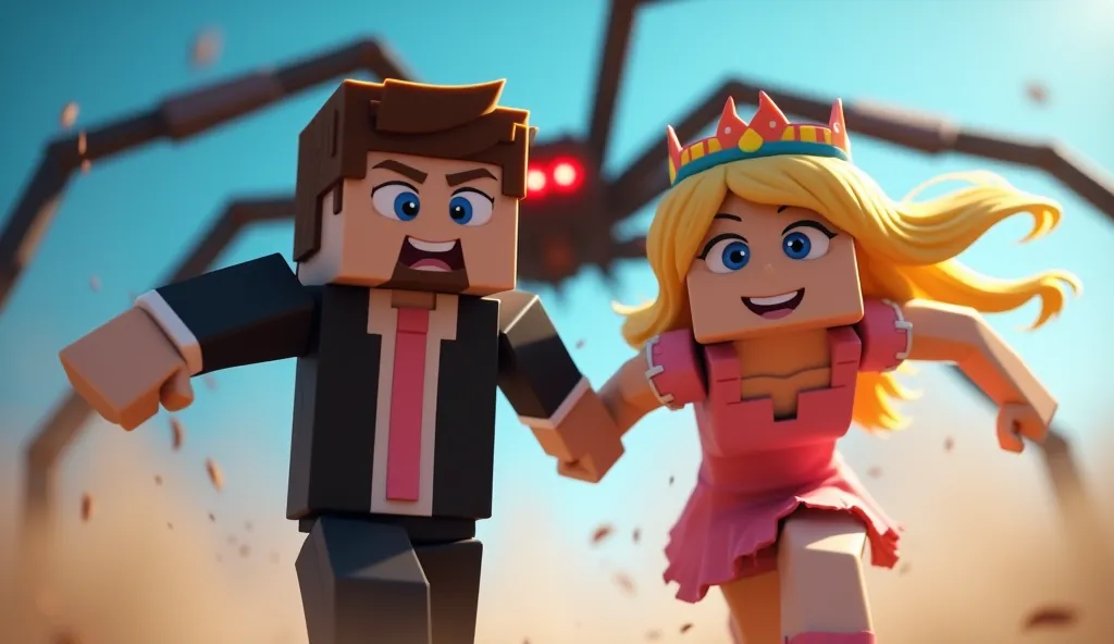 A dramatic and high-action Minecraft-style thumbnail with dynamic lighting and motion blur. The male and female characters are running in fear, holding hands while being chased by a giant spider with glowing red eyes. The sky is bright blue, but the scene ...