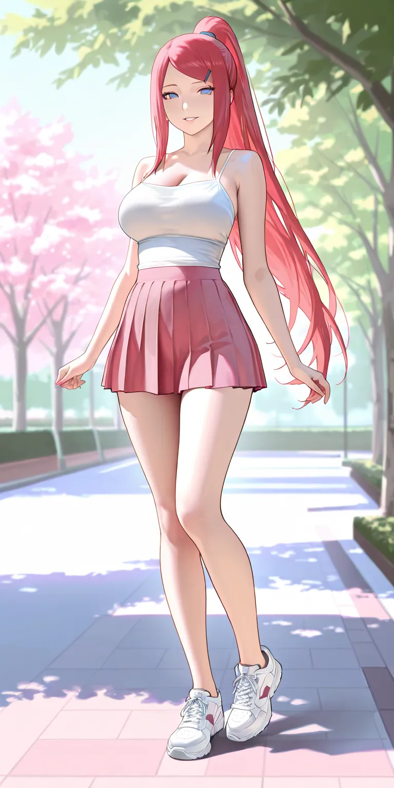 Masterpiece, newest, vibrant, very aesthetic, high contrast, mature woman, kushina\(naruto\), high ponytail long hair, white color spaghetti strap top, pink color pleated mini skirt, white sneakers, full body, parted lips, smile, park, best quality, semrea...