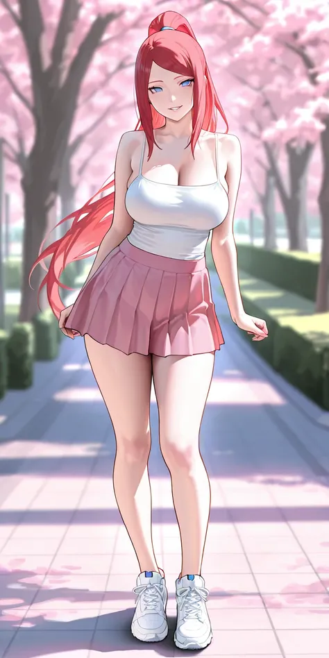 Masterpiece, newest, vibrant, very aesthetic, high contrast, mature woman, kushina\(naruto\), high ponytail long hair, white color spaghetti strap top, pink color pleated mini skirt, white sneakers, full body, parted lips, smile, park, best quality, semrea...