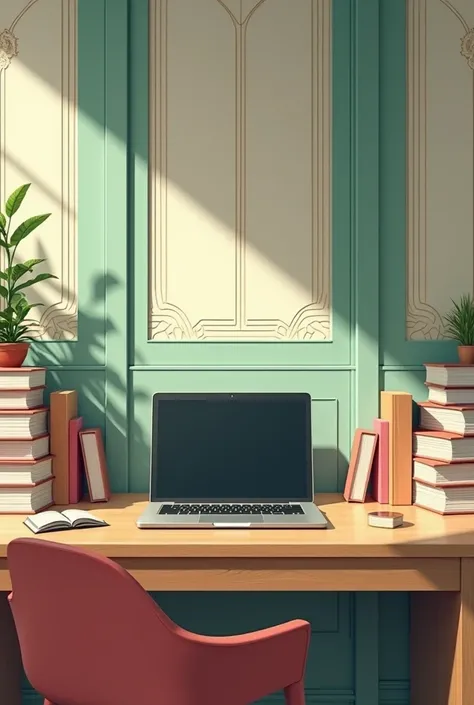 An open laptop with books around it, using art deco drawing style, pastel colors like green, pink and blue