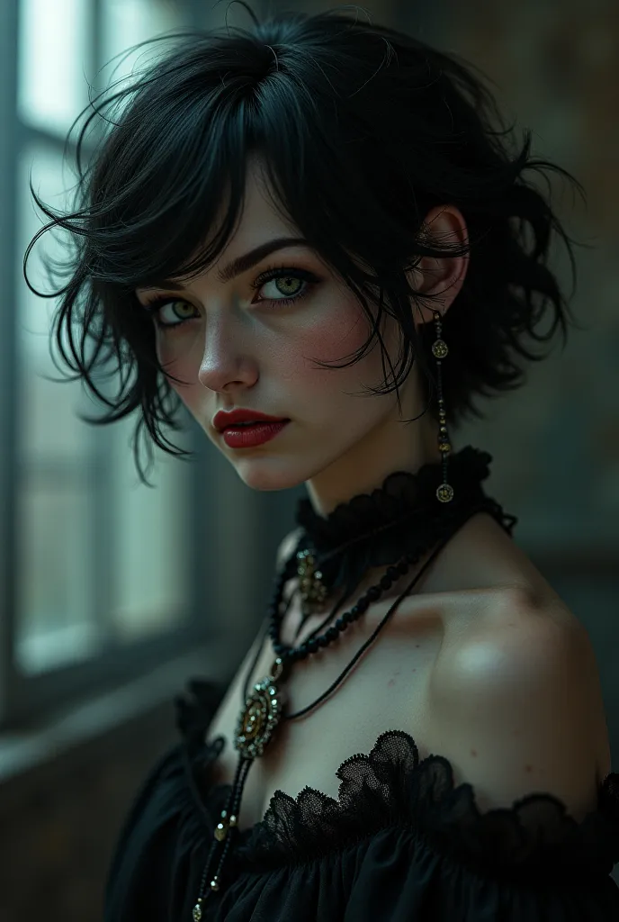 Create a feminine character inspired by Edgar Allan Poe, with short hair and lots of details.