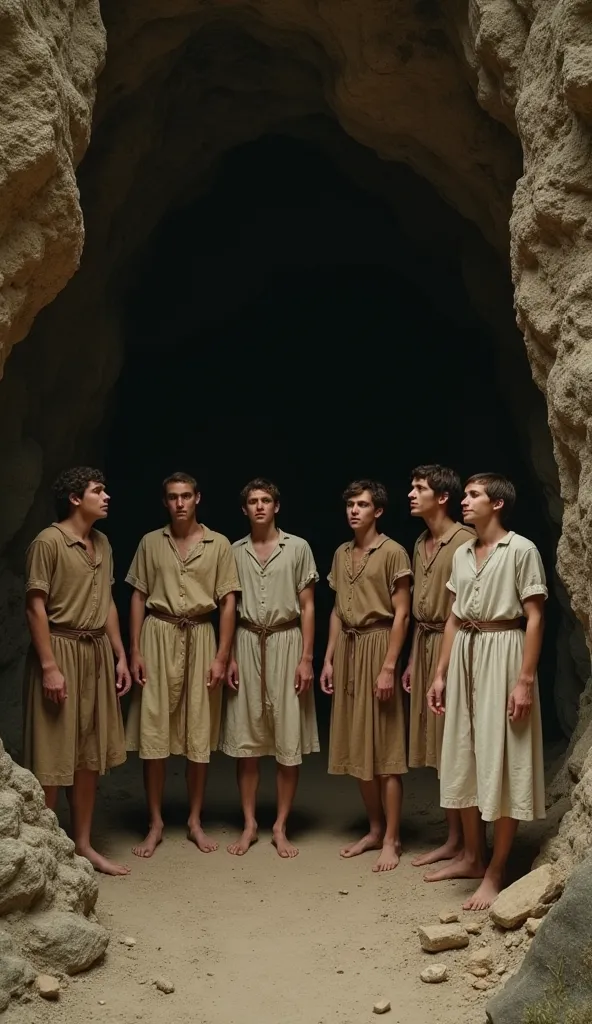 The seven young men wearing their old dresses suddenly awaken, stretching and looking around in confusion. Their faces show surprise, believing they have only slept for a day or two. The cave remains unchanged, but outside, the world has moved on for centu...