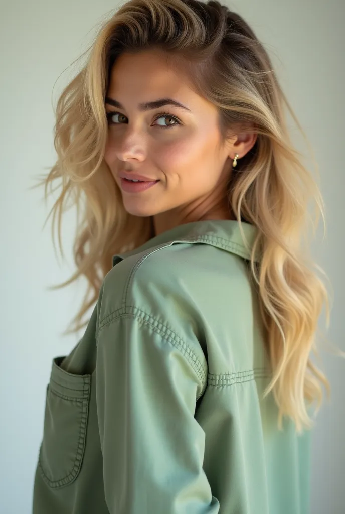 A Brazilian ager with blond hair, wearing a light green shirt on the back with a close up capturing the harmonious beauty between the body , showing your natural charm and outgoing, backwards personality.