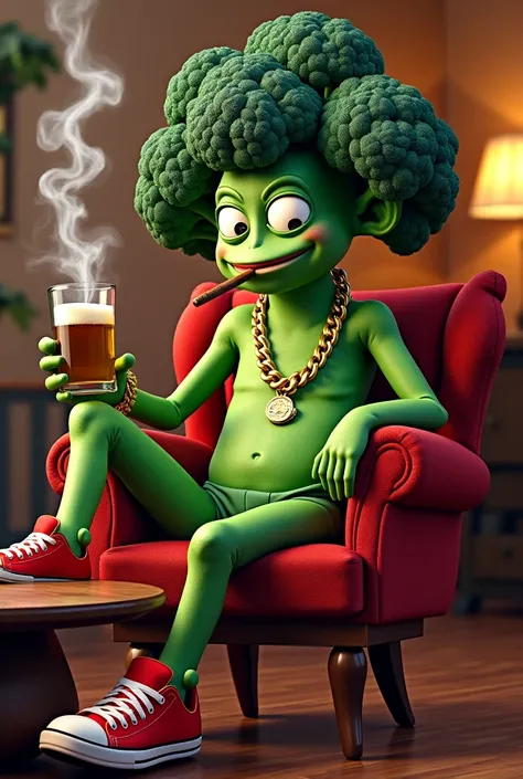 Let's draw a broccoli man this broccoli man sitting in the single seat in the lounge and stretching his legs out on the coffee table in front of him, get a tired but smiling broccoli man smoking cigars and beer broccoli man's eyes are fried from insomnia T...