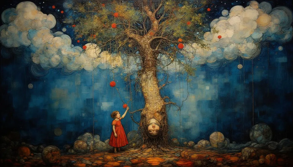 an oil painting of a mystical upside-down world where a  reaches for a single red rose on an inverted tree, its roots tangled in the clouds while its leaves brush the earth, inspired by Salvador Dalí, deep rich hues with surrealist tones, the girl's face c...