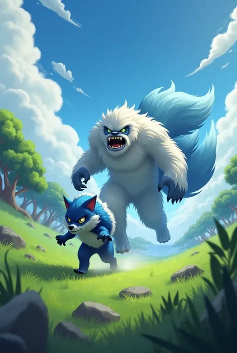 Pvp image of yeti and kitsuns on an island with green trees and green grass (yeti fleeing and afraid of her blue nine-tailed fox kitsun)