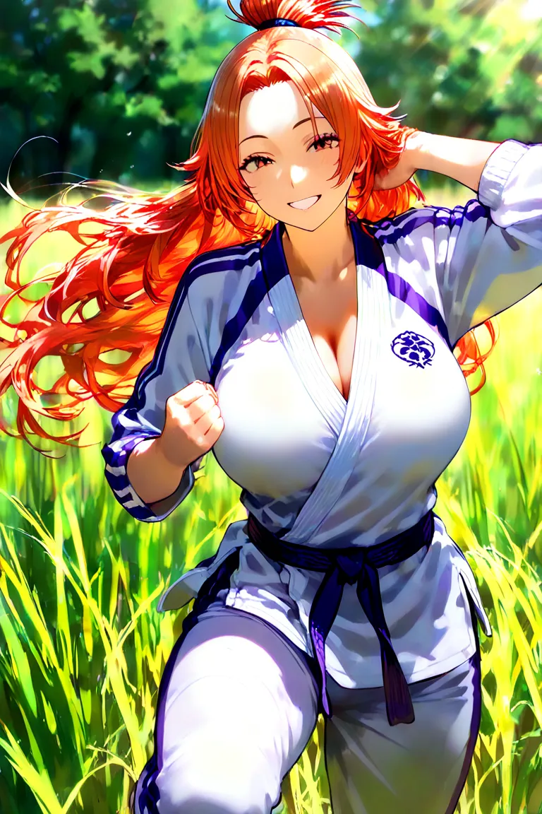 A woman with samurai hair, big breasts, visible cleavage, and a purple judo suit、Jumping out of the grass with a smile。