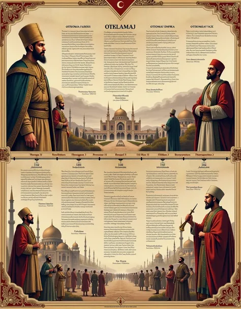 A timeline of the Ottoman Empire.
Prompt: "A historical timeline of the Ottoman Empire, showing key events from 1299 to 1923, in a vintage and artistic style."