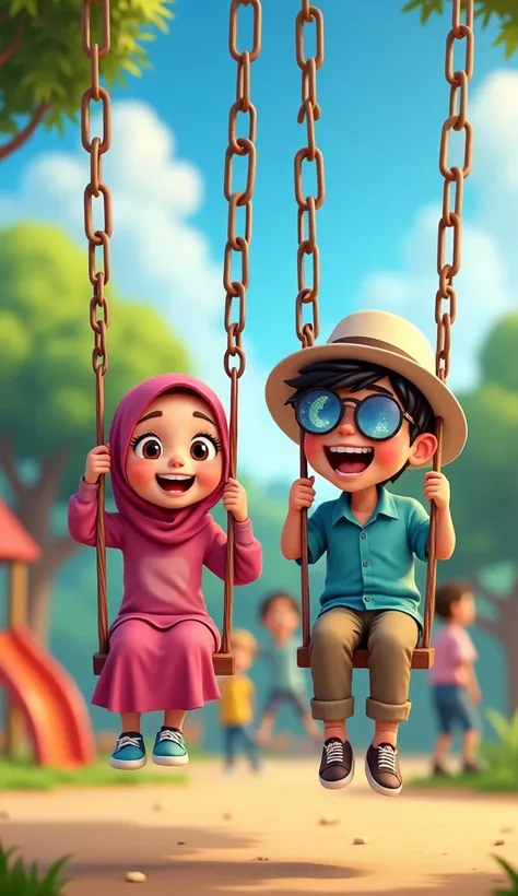 The moA vibrant animated scene depicting two ren on swings in a playground. The girl, wearing a pink hijab, smiles joyfully, while the boy, in a white hat and blue shirt, laughs happily beside her. In the background, other ren play, with a colorful slide a...