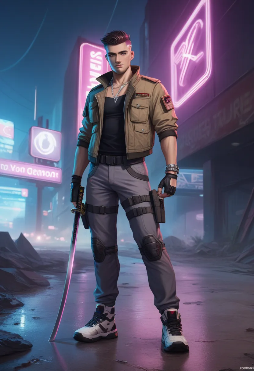 A cyberpunk Driver style nomad influenced by wrestling , standing in an dusty wasteland broken road . He wears a black sleeveless shirt with a digital  CPIA  written on the shirt . in a long tactical jacket in black and purple , with neon lights in pink , ...