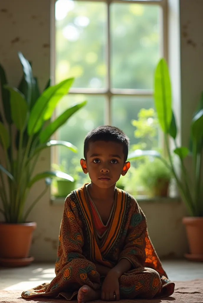 Craete a young Somali boy sitting in a studio with a beautiful garden behind him.