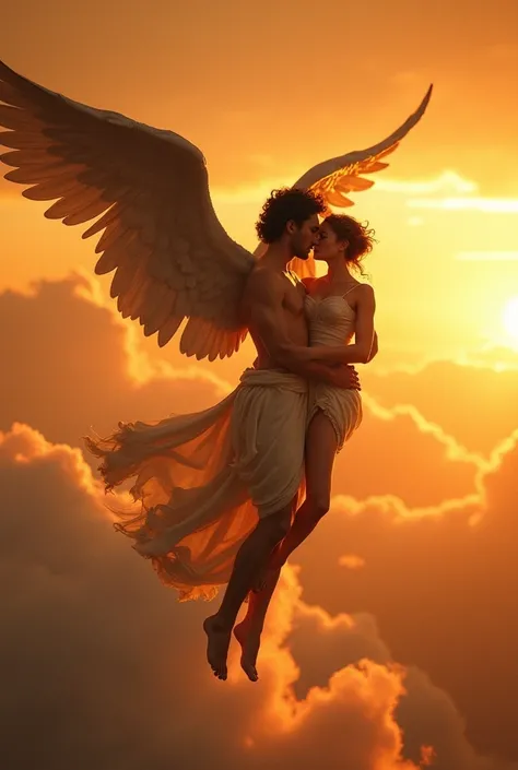 Je veux Éros / Cupidon le dieu de l’amour qui s’envole dans les airs au loin, il est beau et metis, grand avec les cheveux bouclés noir. Je veux que le ciel soit orange avec de beaux nuages un peu partout, et il transporte dans ses bras une femme brune ave...