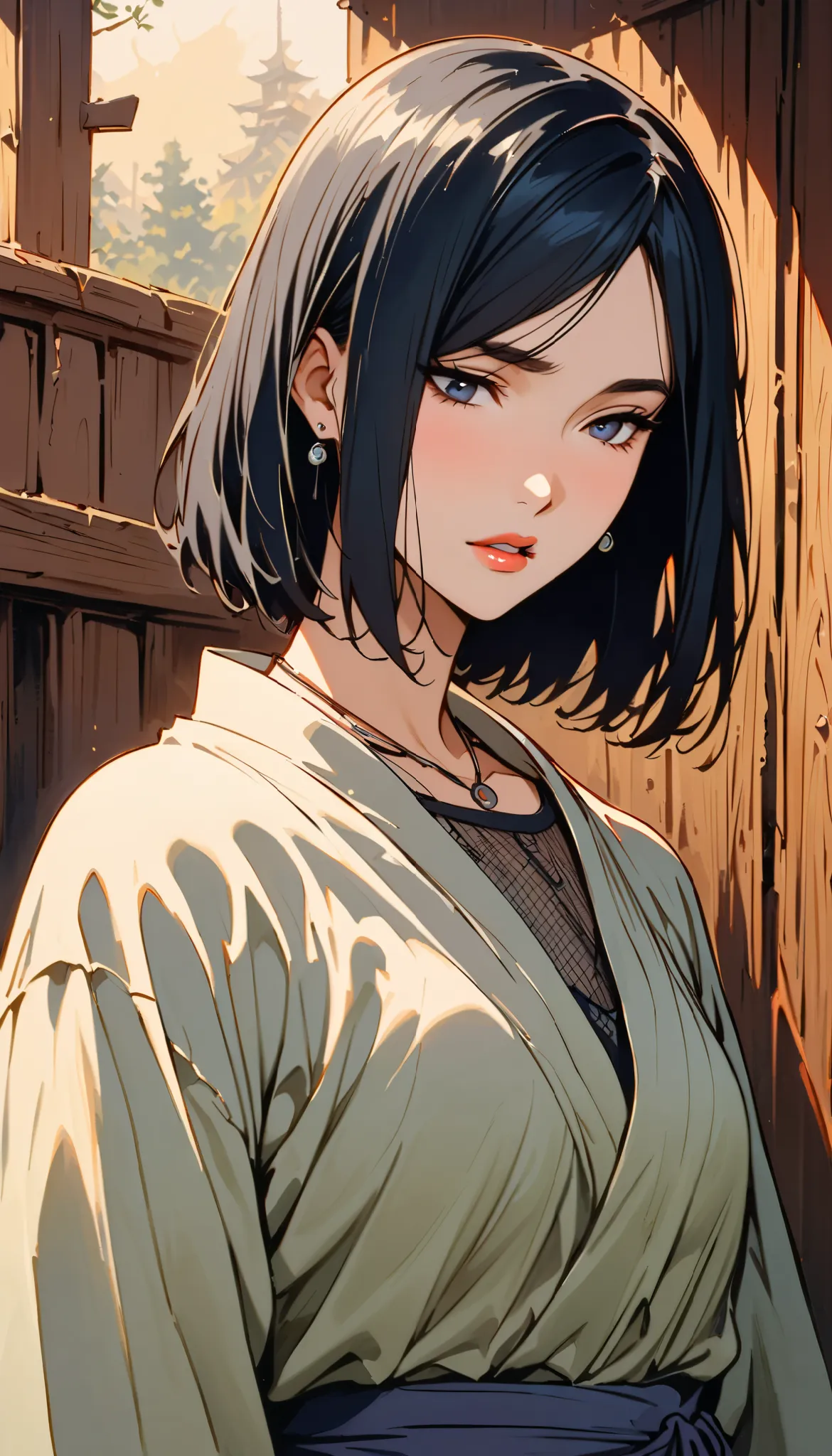 vintage movie, girl, short hair, navy hair, straight hair, woman body, cute necklace, cute earrings, ((dressed like hyuuga neji from naruto))
, hyuga clan, shinobi village, konohagakure, (((perfect lips))), perfect hair, looking down, shy, melancholic, ((y...